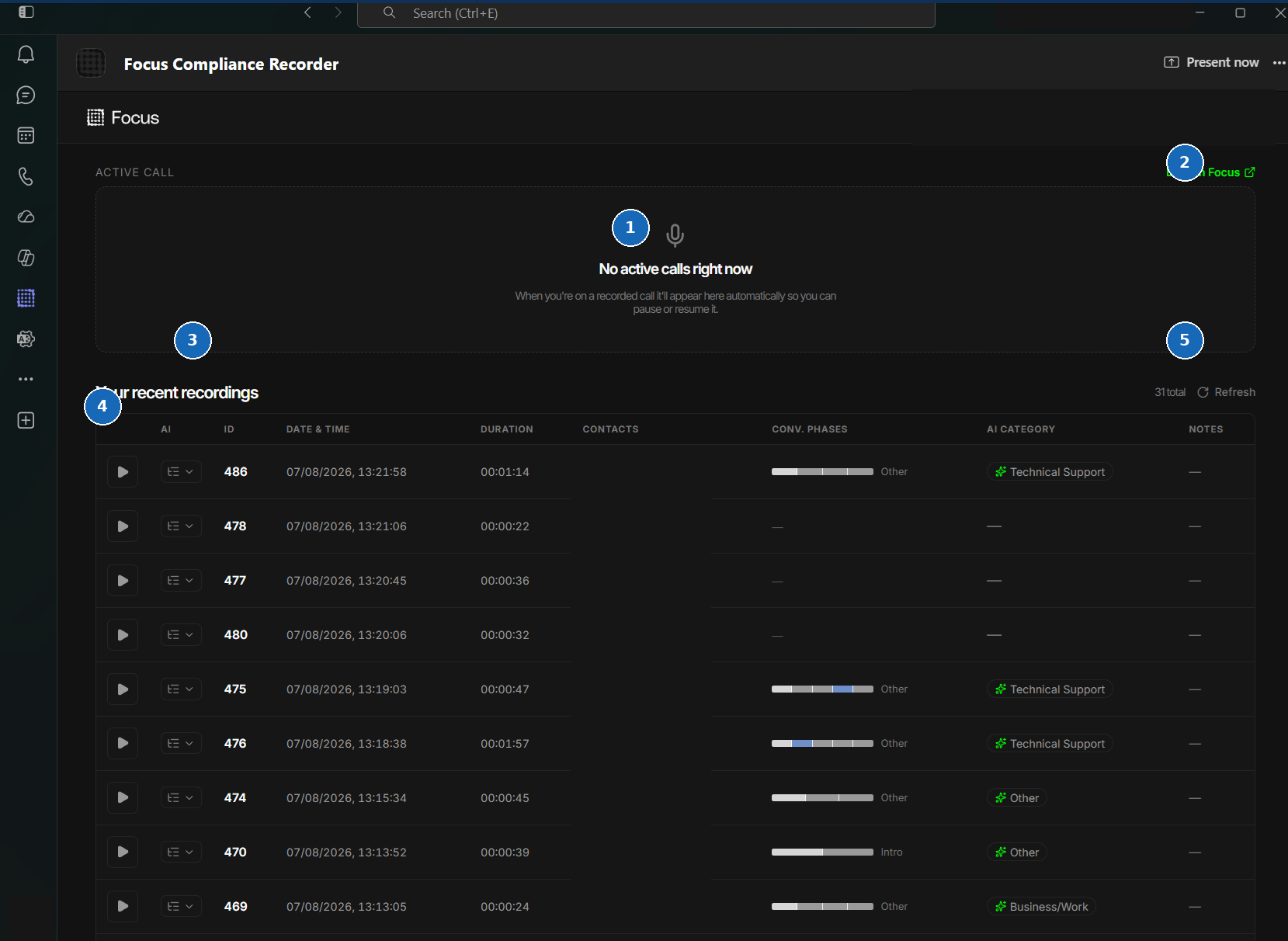 Focus Compliance Recorder home page and recent recordings