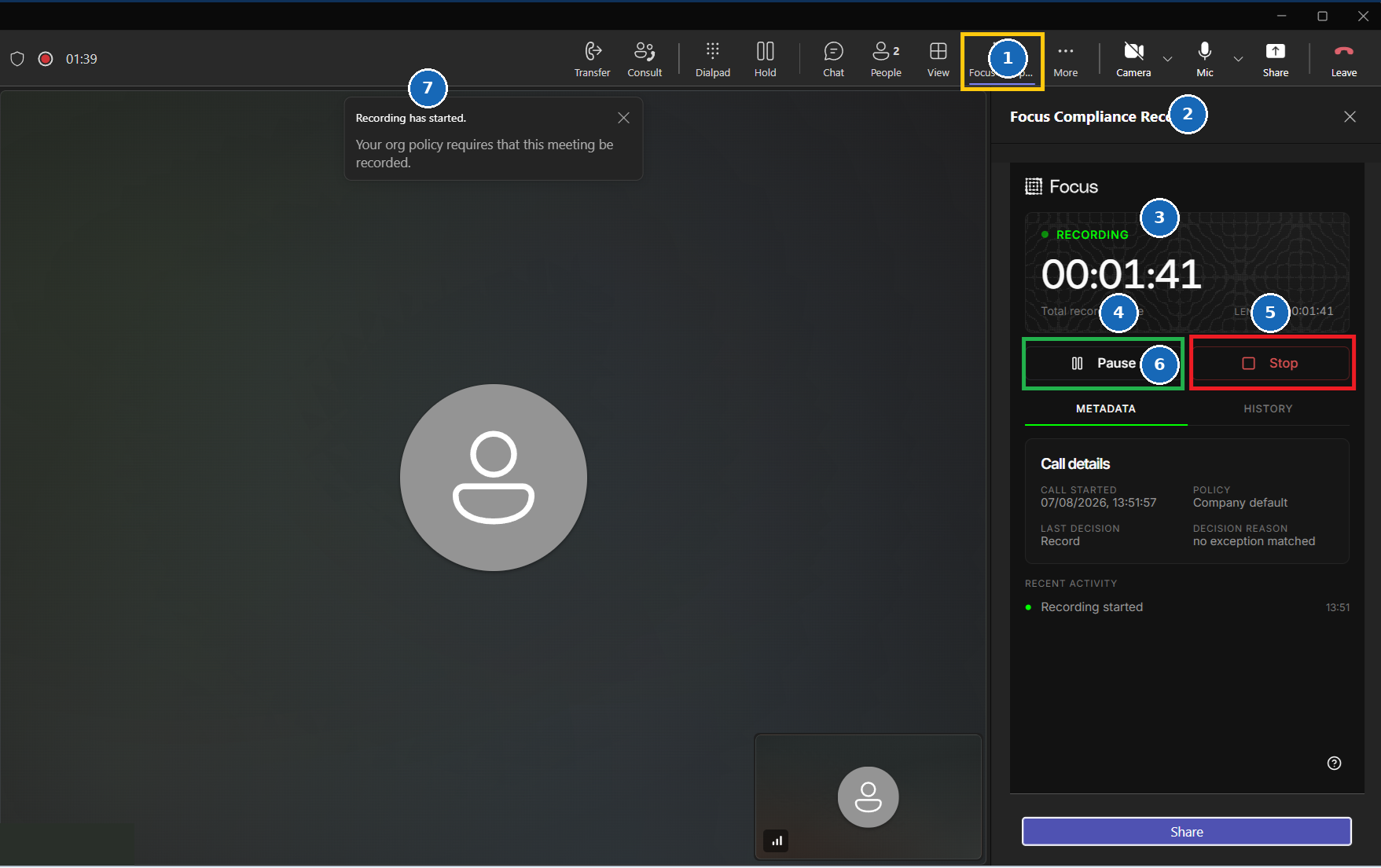 Focus Compliance Recorder controls in the Microsoft Teams call window
