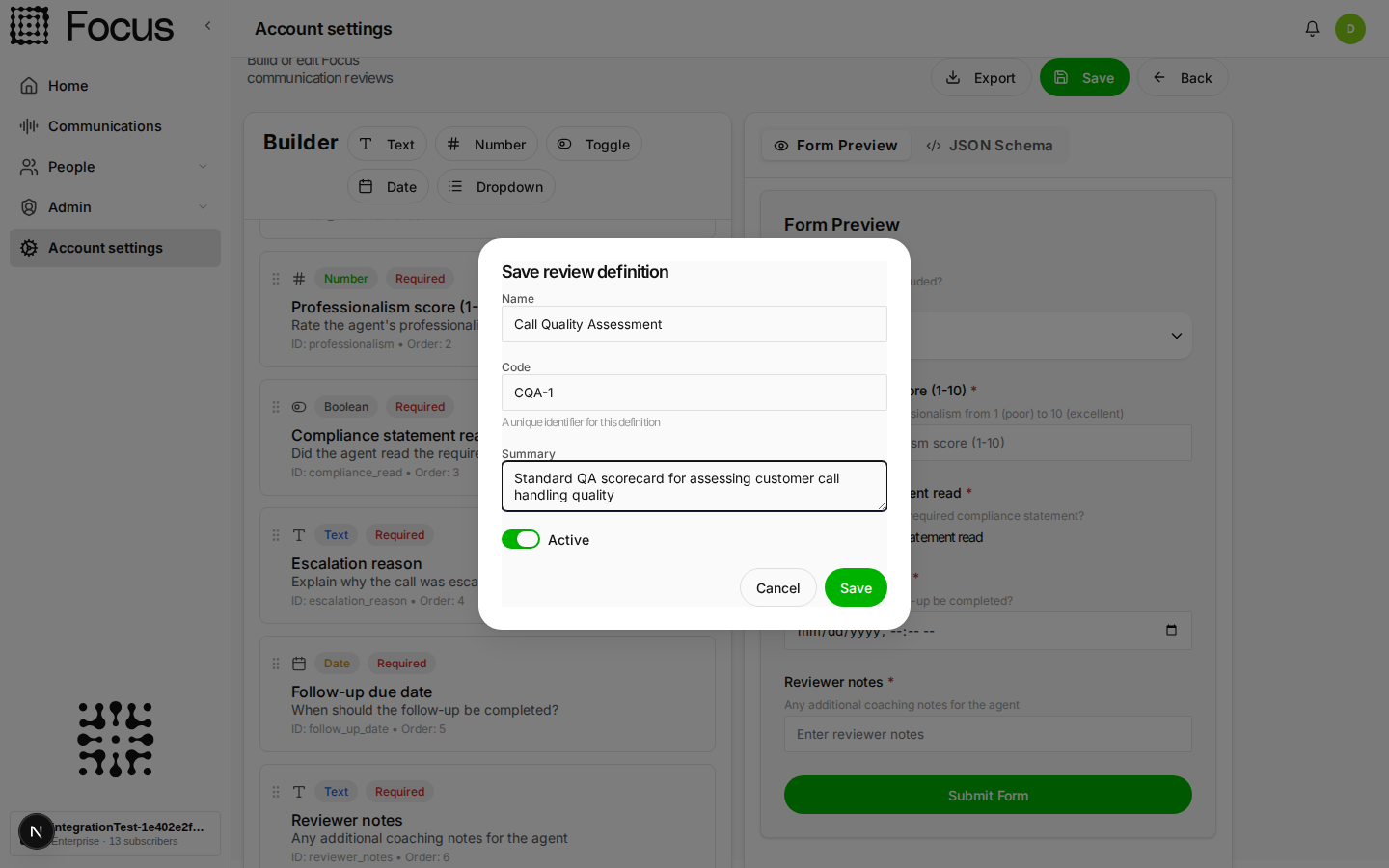 Saving a review definition