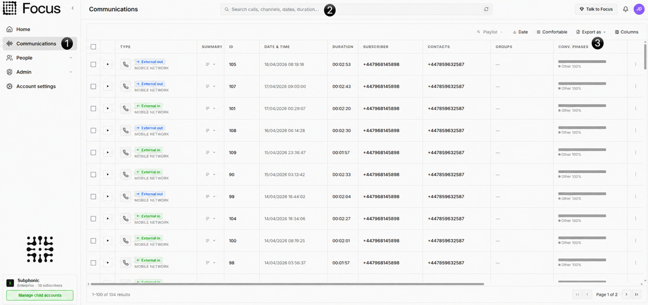 communications data export