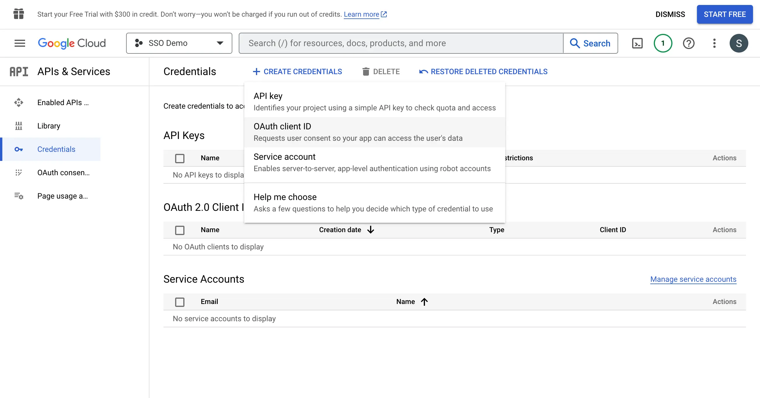 Google Wortspace Create Credentials