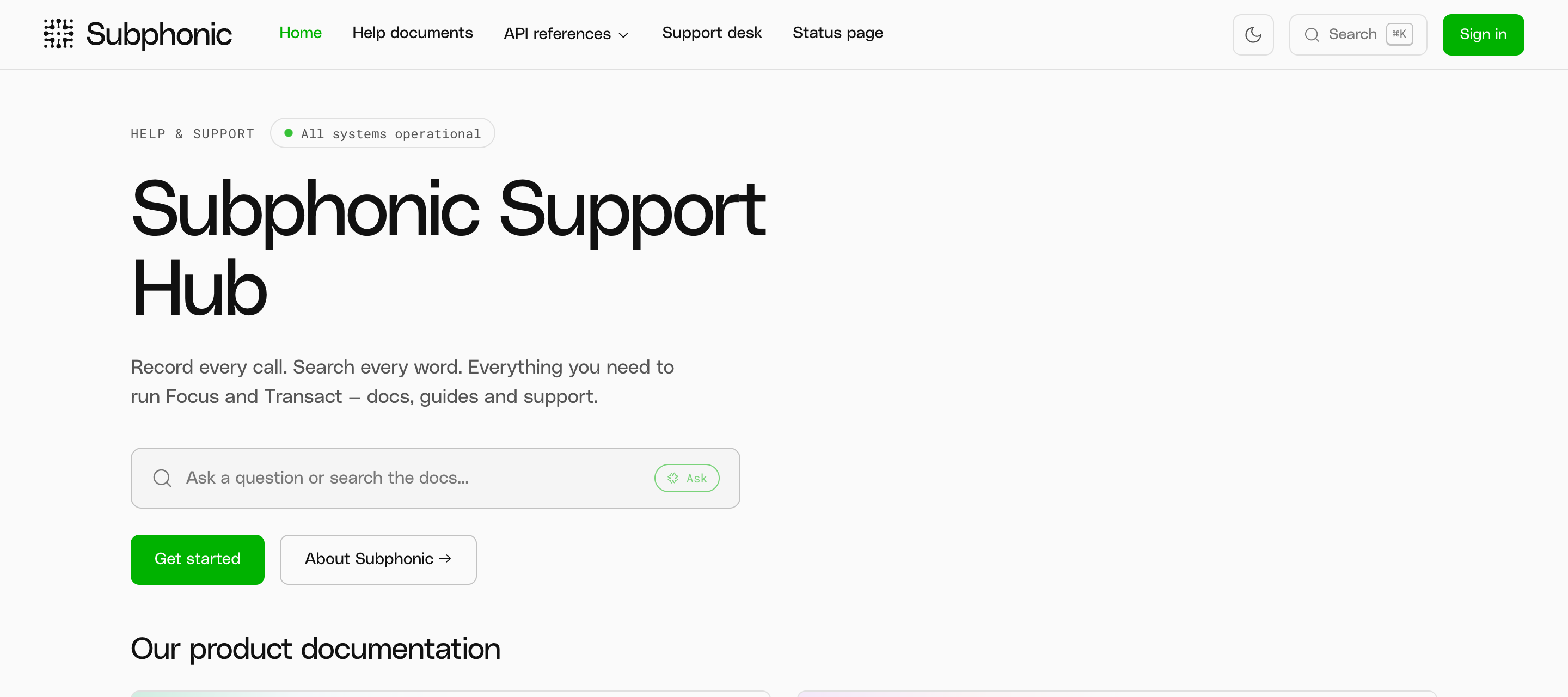 The Subphonic Support Hub home page