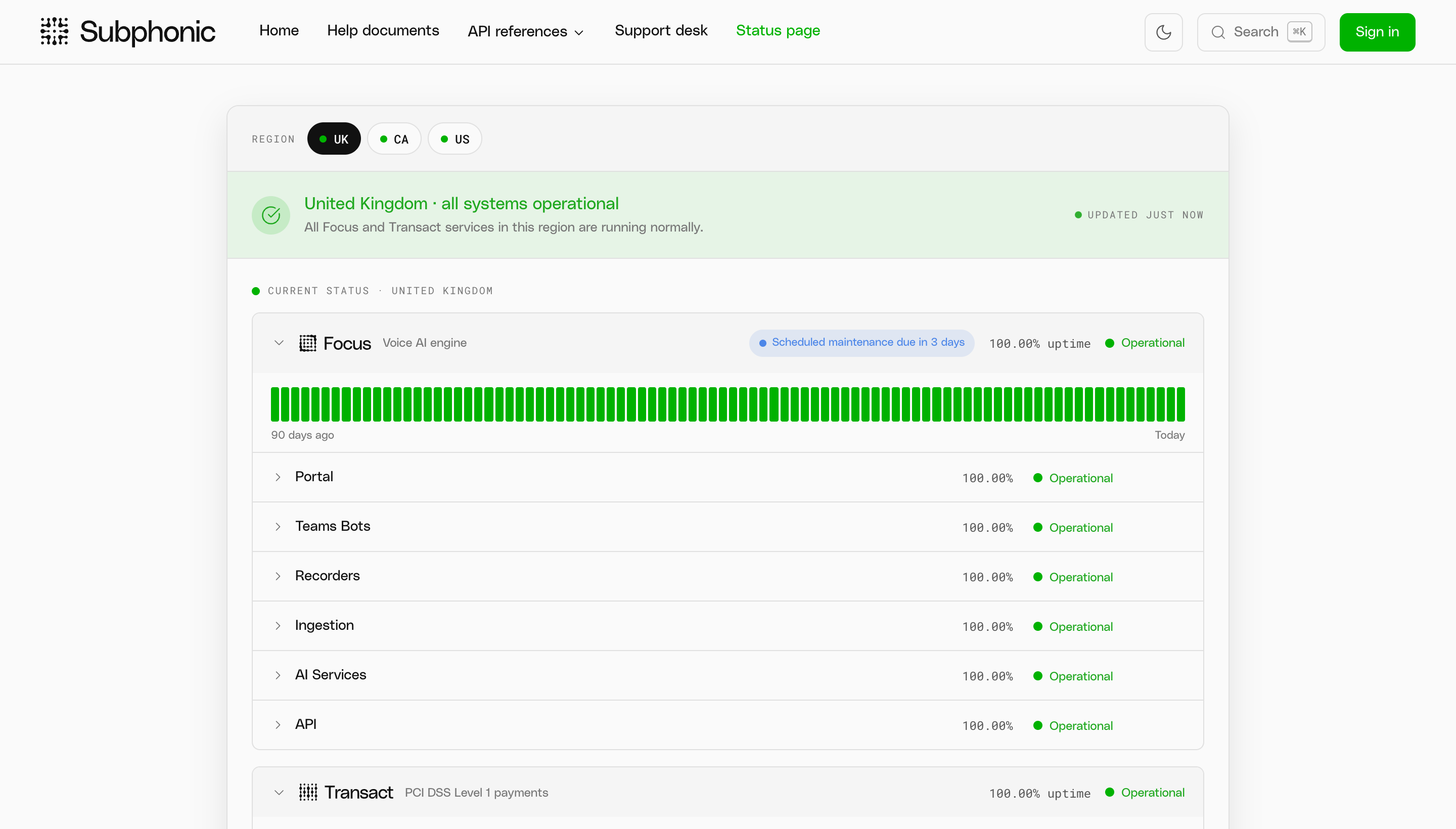 The platform status page
