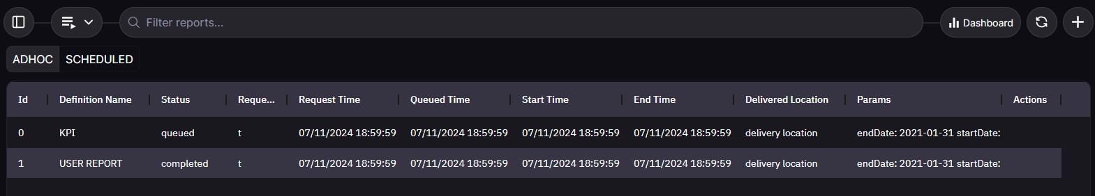 Reports home screen layout