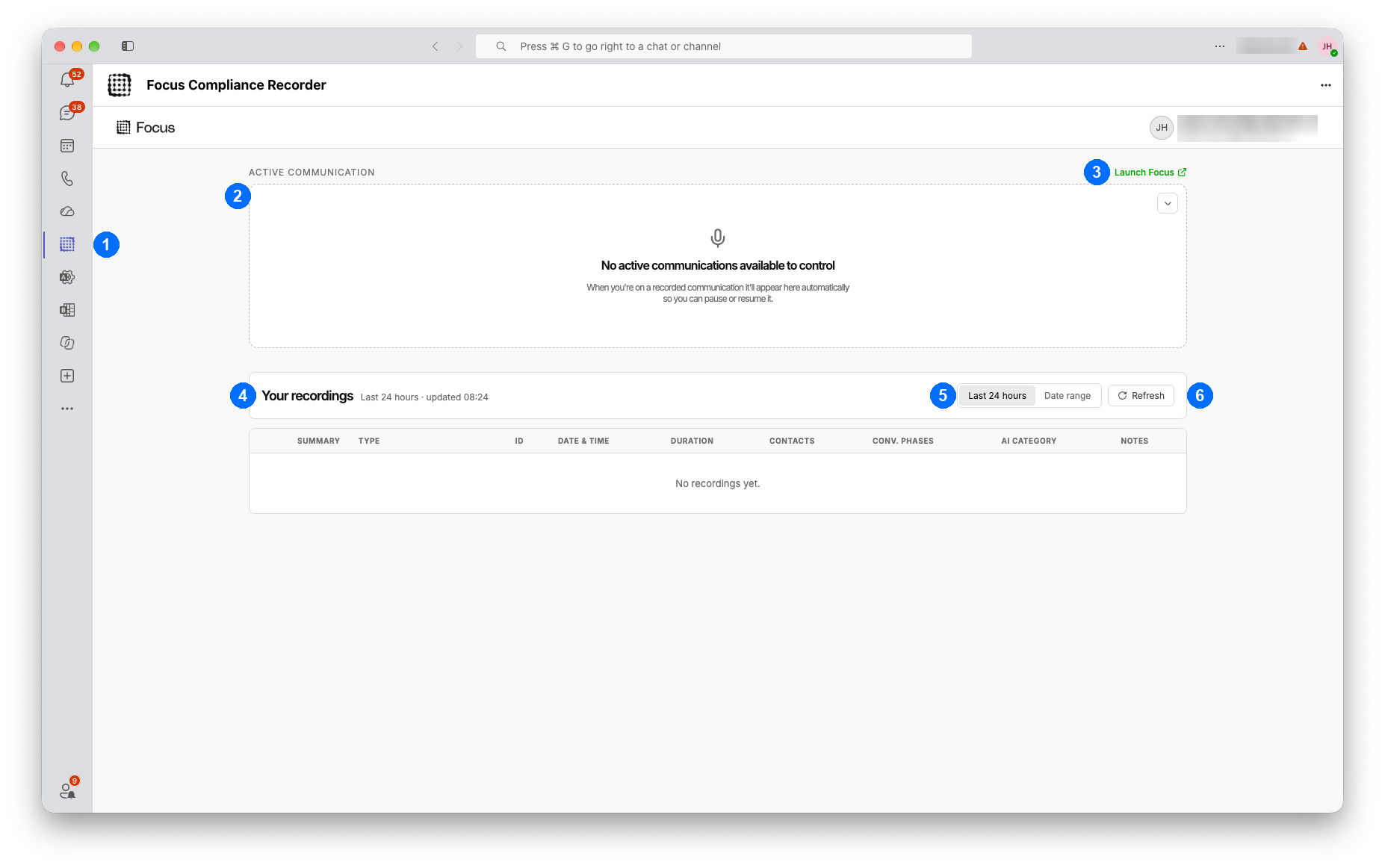 The Focus Compliance Recorder home screen in Teams with no active communication